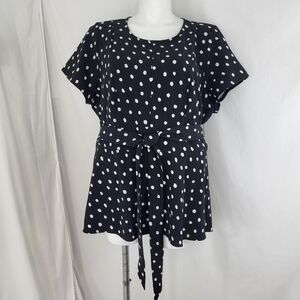 Lane Bryant Lena BLOUSE Womens Size 20 Black White Dot Short Sleeve Tie Sash Zip